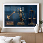Lady Justice Wall Art Canvas Print, Elegant Gold Legal Symbols on Blue, Law Office Decor