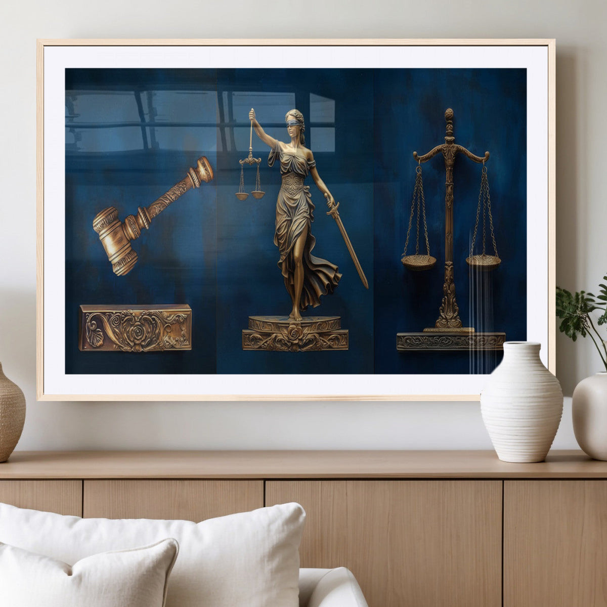 Lady Justice Wall Art Canvas Print, Elegant Gold Legal Symbols on Blue, Law Office Decor