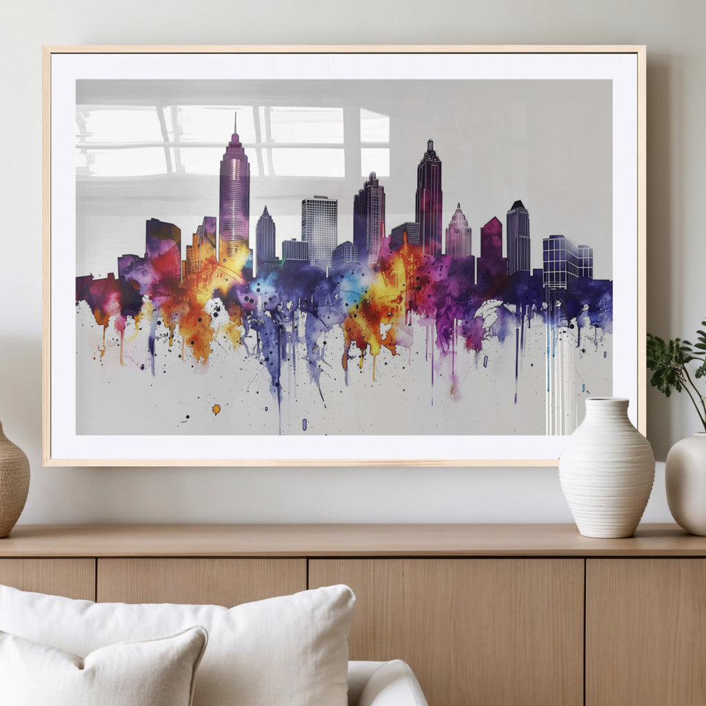 Atlanta Skyline Wall Art Canvas Print, Framed Colorful Watercolor Cityscape