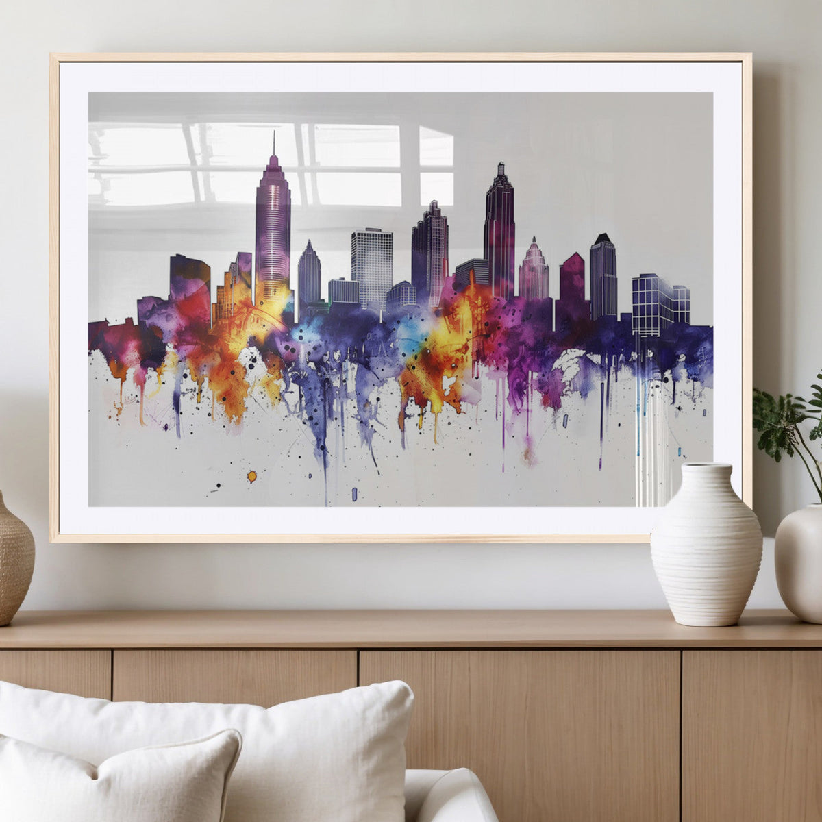 Atlanta Skyline Wall Art Canvas Print, Framed Colorful Watercolor Cityscape