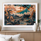 Japanese Landscape Wall Art Canvas Print, Mount Fuji with Flowing River and Autumn Trees