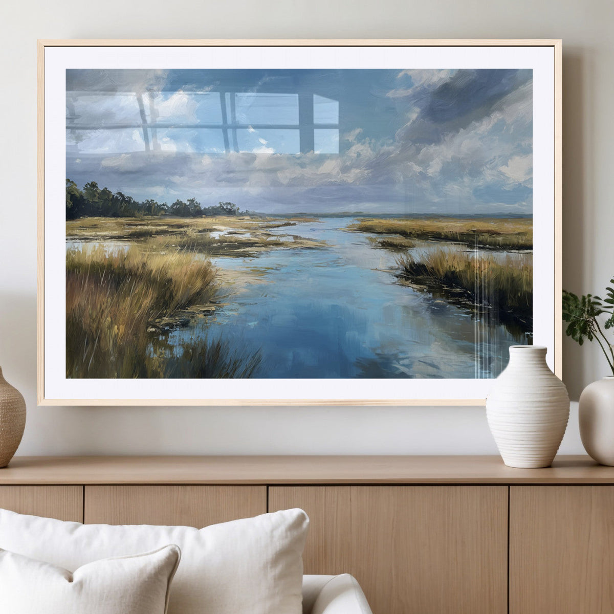Marshland Wall Art Canvas Print, Serene Water Reflection with Blue Sky and Golden Grass