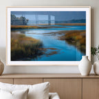 Tranquil Marshland Wall Art Canvas Print, Blue Water Reflecting Sky and Golden Grasses