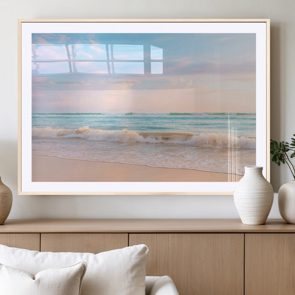 Serene Ocean Waves Wall Art Canvas Print, Pastel Sky Over a Soft Sand Beach