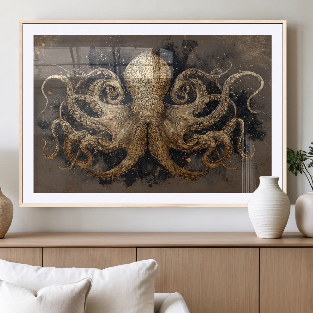Octopus Wall Art Canvas Print, Black and Gold Detailed Tentacles Nautical Illustration