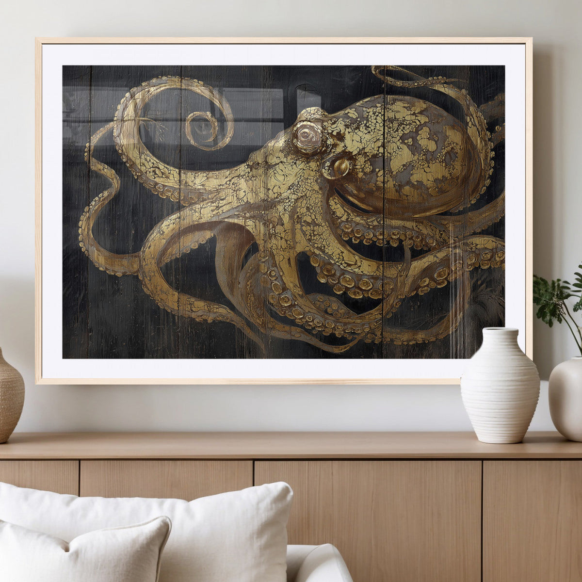Octopus Wall Art Canvas Print, Gold Detail Octopus on Wooden Plank Background