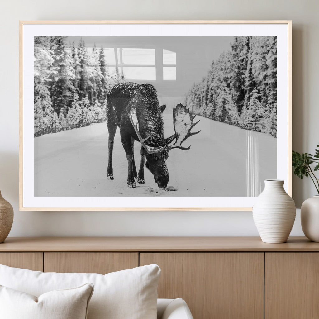 Moose Wall Art Canvas Print, Winter Moose with Antlers in a Snowy Forest