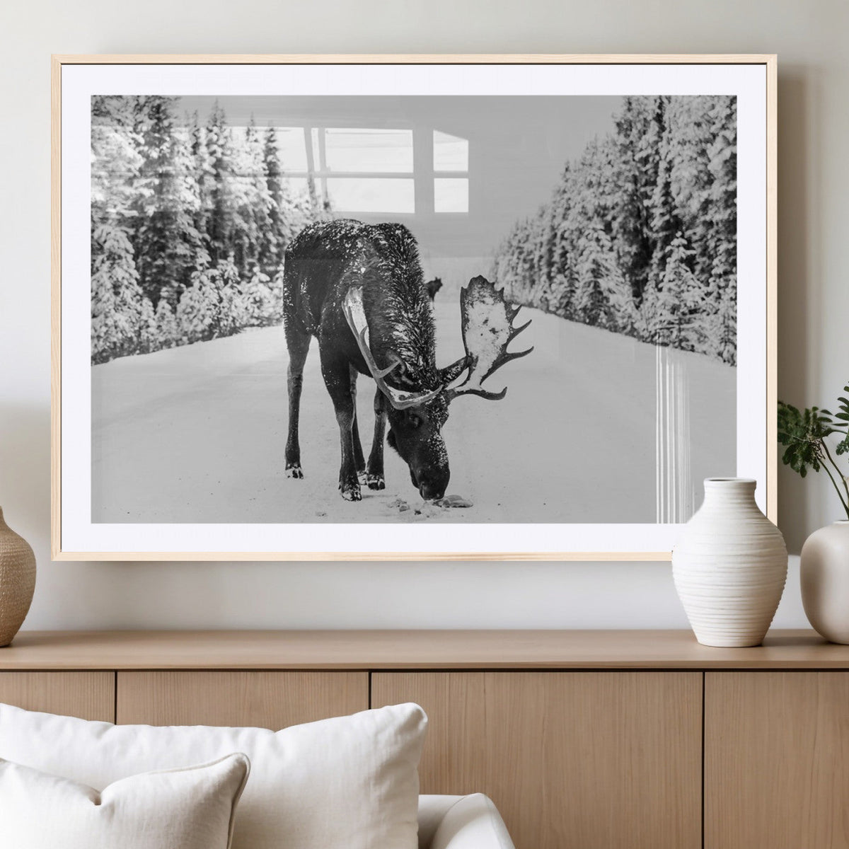 Moose Wall Art Canvas Print, Winter Moose with Antlers in a Snowy Forest