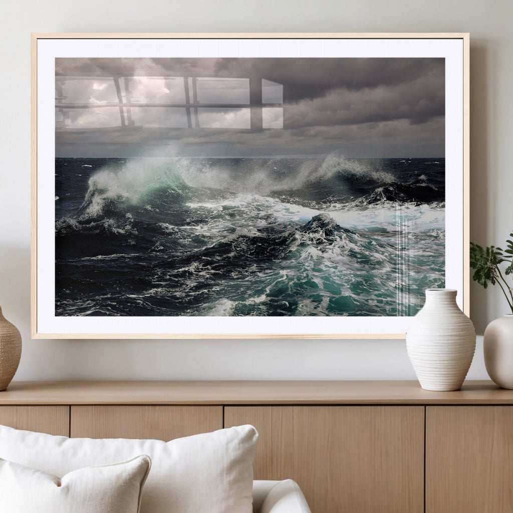 Stormy Ocean Waves Canvas Wall Art, Framed Turbulent Sea Nature Print