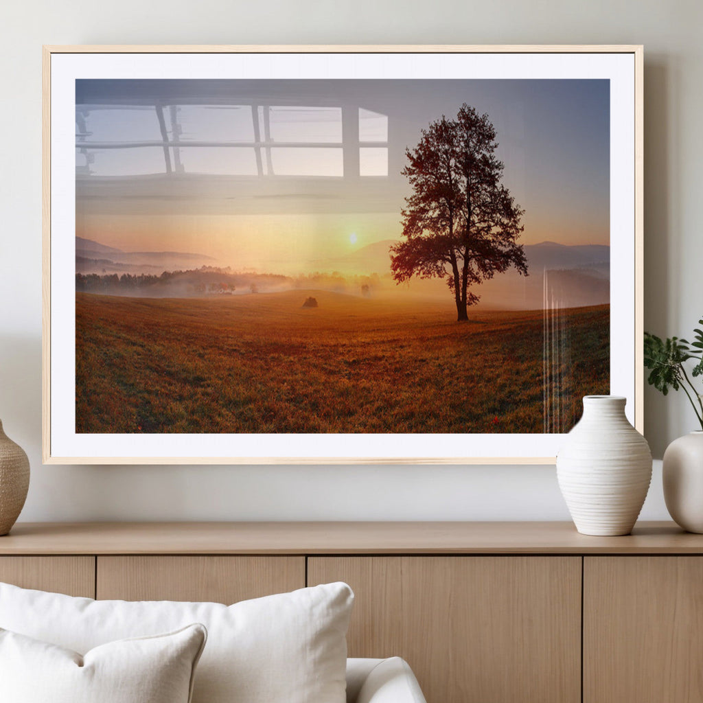 Golden Sunrise Landscape Canvas Wall Art, Framed Misty Field Nature Print