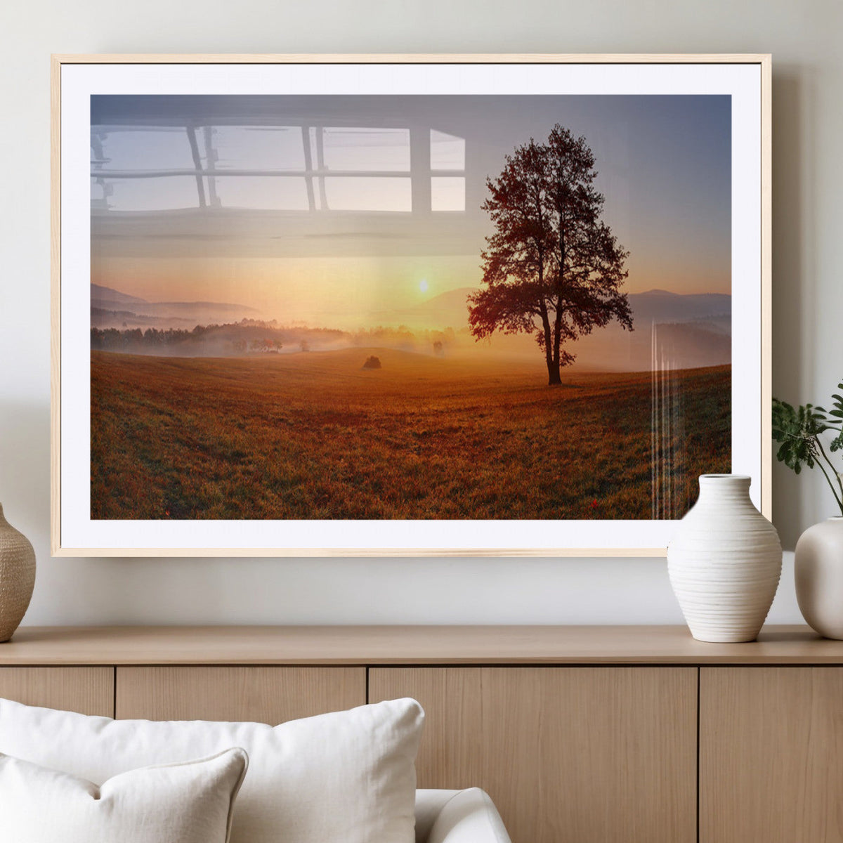 Golden Sunrise Landscape Canvas Wall Art, Framed Misty Field Nature Print