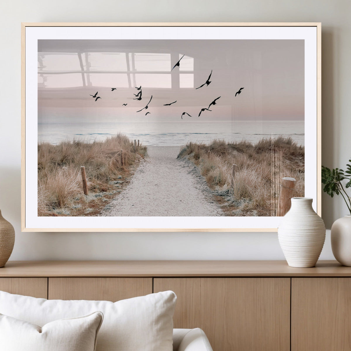 Coastal Pathway Canvas Wall Art Print, Framed Seaside Landscape with Beach and Birds