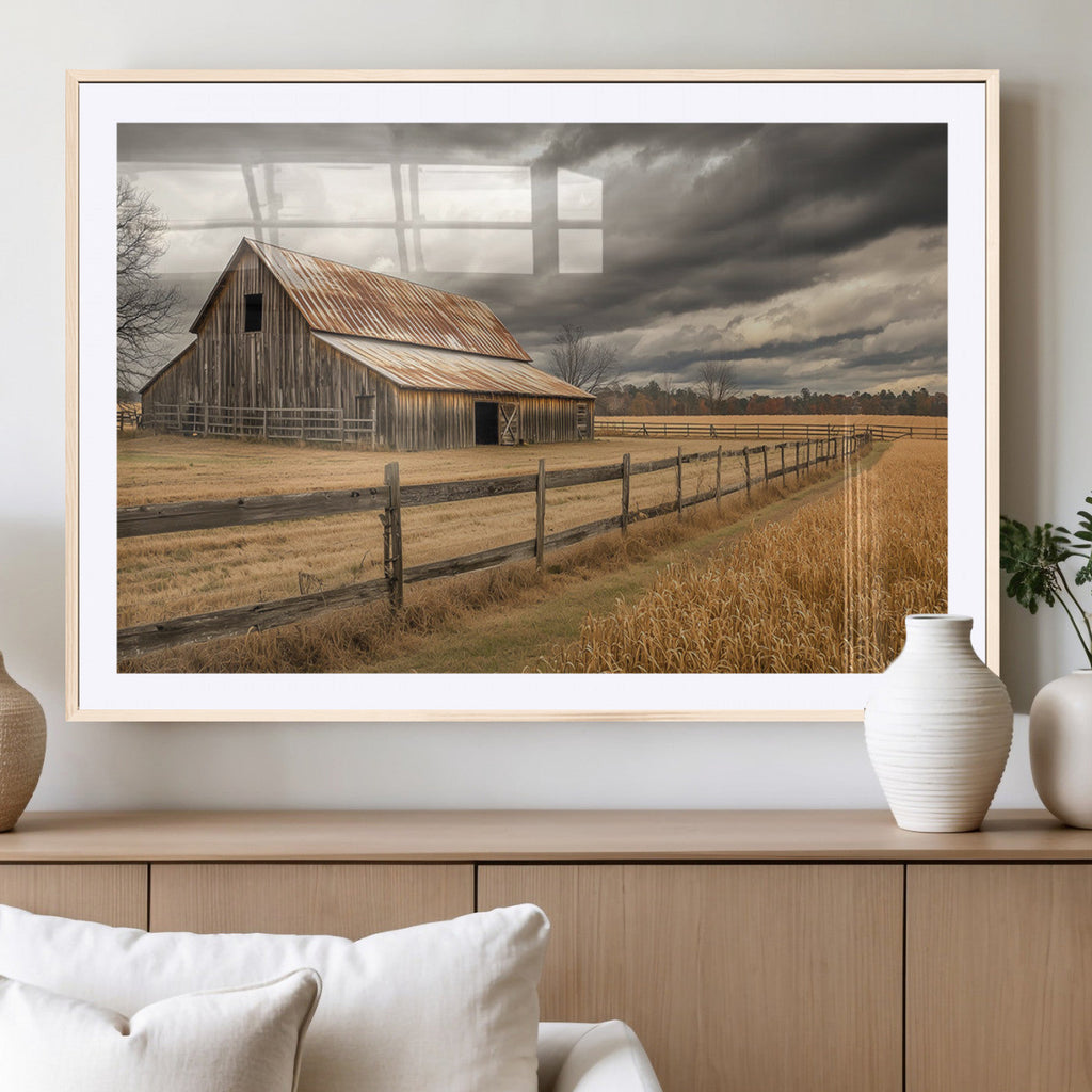 Rustic Farm Barn Wall Art Canvas Print, Stormy Sky Country Decor