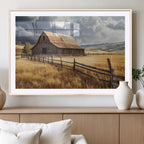 Golden Wheat Field Barn Canvas Print, Rustic Farm Landscape Under Dramatic Sky