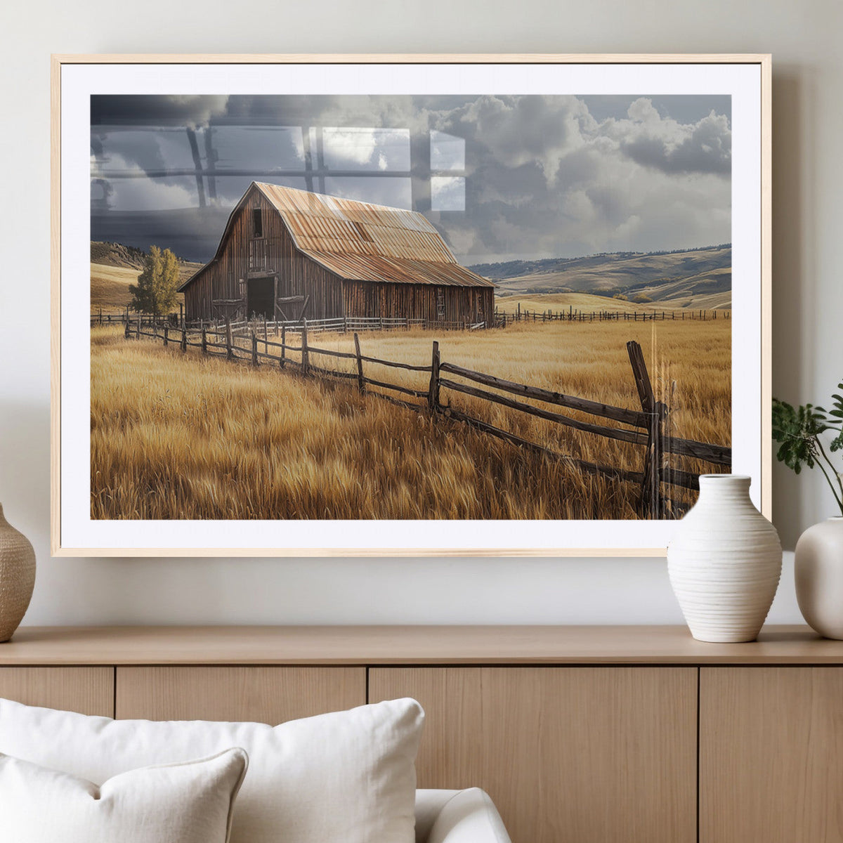 Golden Wheat Field Barn Canvas Print, Rustic Farm Landscape Under Dramatic Sky