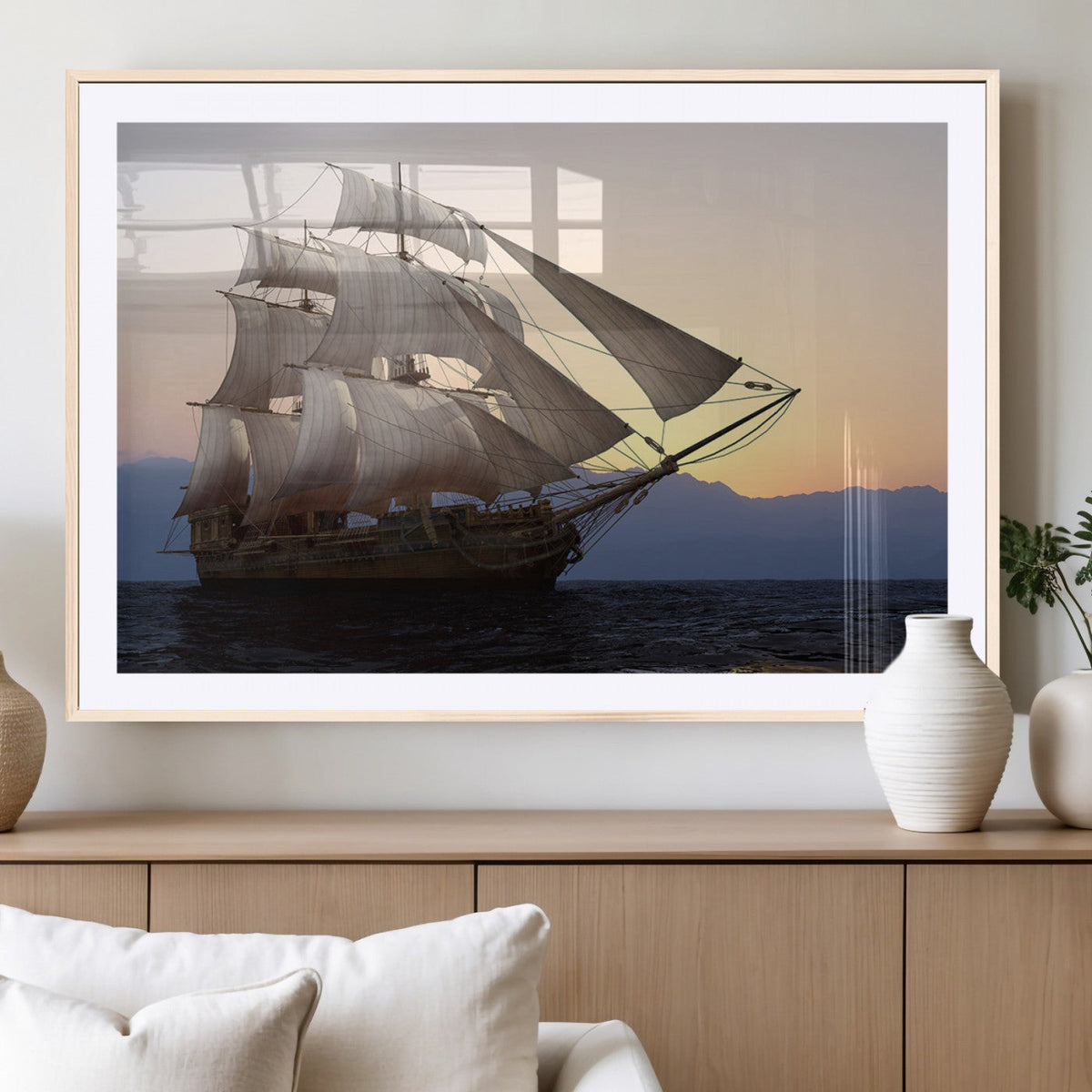 Majestic Sailing Ship Wall Art Canvas Print, Sunset Ocean Voyage with Tall Ship