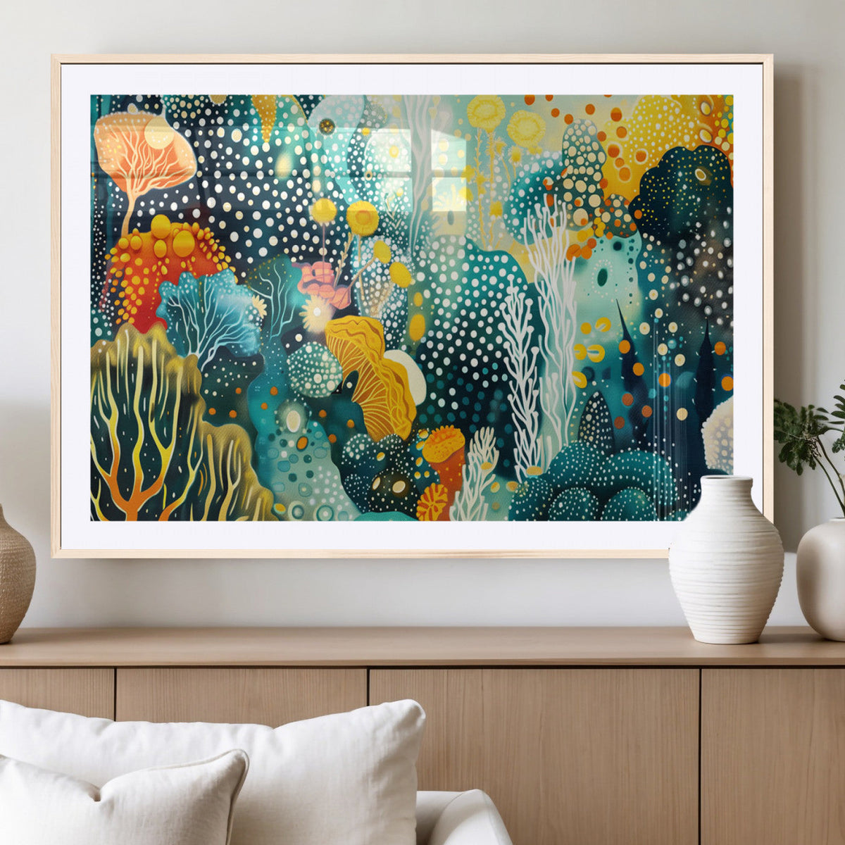 Luminous Abstract Ocean Garden Wall Art Canvas Print, Vibrant Coral Reef Marine Life