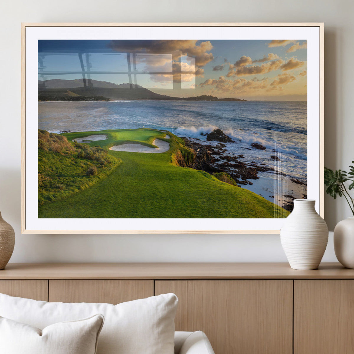 Coastal Golf Course Wall Art Canvas Print, Sunset with Rolling Green Fairways and Ocean Waves