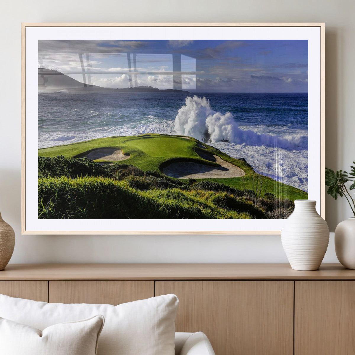 Ocean Waves Crashing Wall Art Canvas Print, Dramatic Rocky Coastline Near a Golf Course