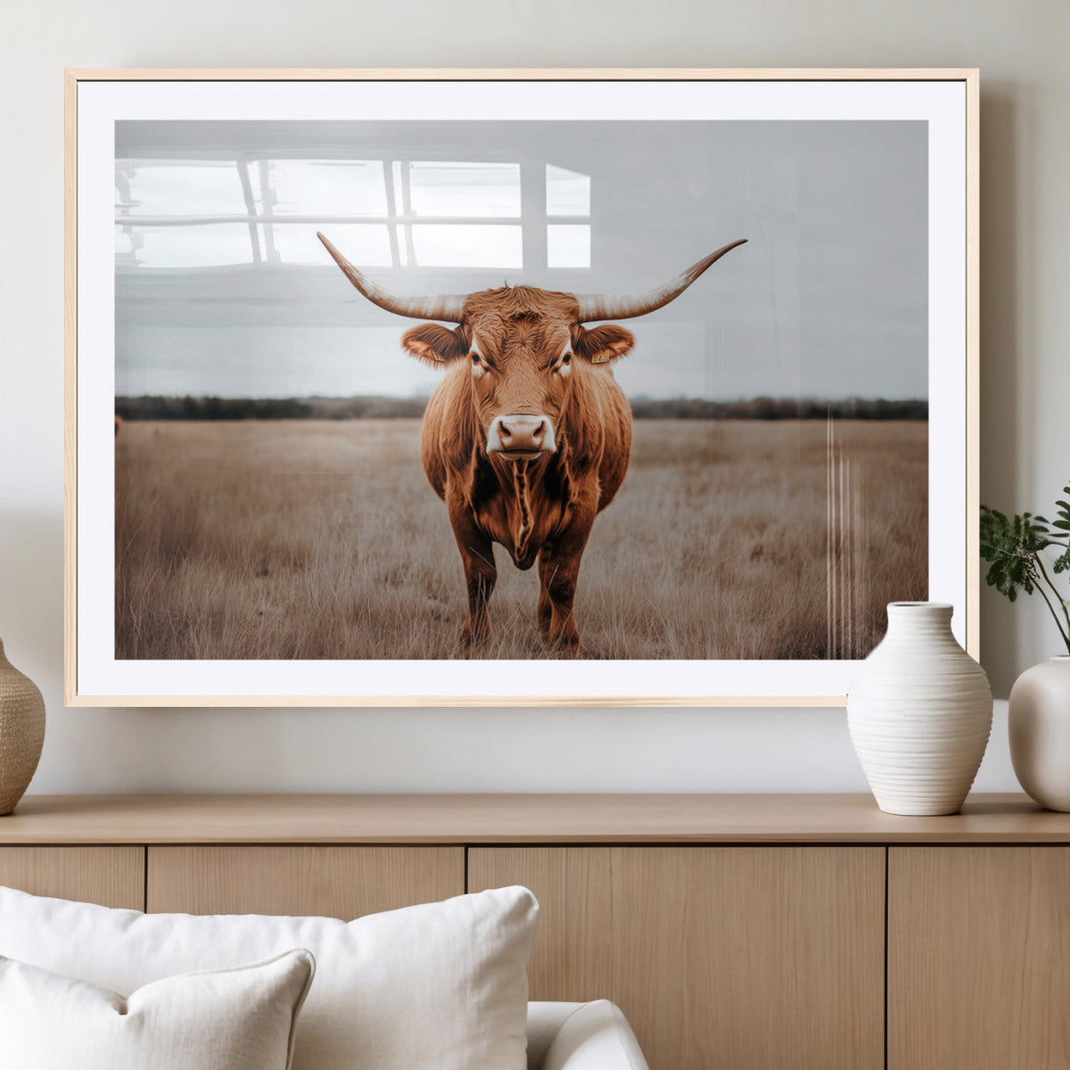 Longhorn Bull Wall Art Canvas Print, Framed Rustic Decor