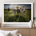 Grazing Cattle Herd Wall Art Canvas Print, Framed Green Pasture Farm Scene