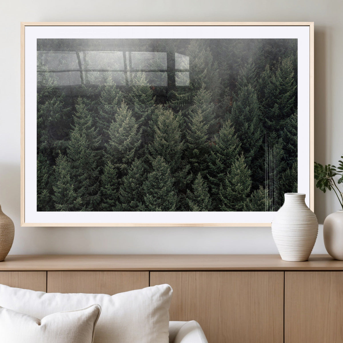 Misty Pine Forest Wall Art Canvas Print, Lush Green Trees Surrounded by Gentle Fog