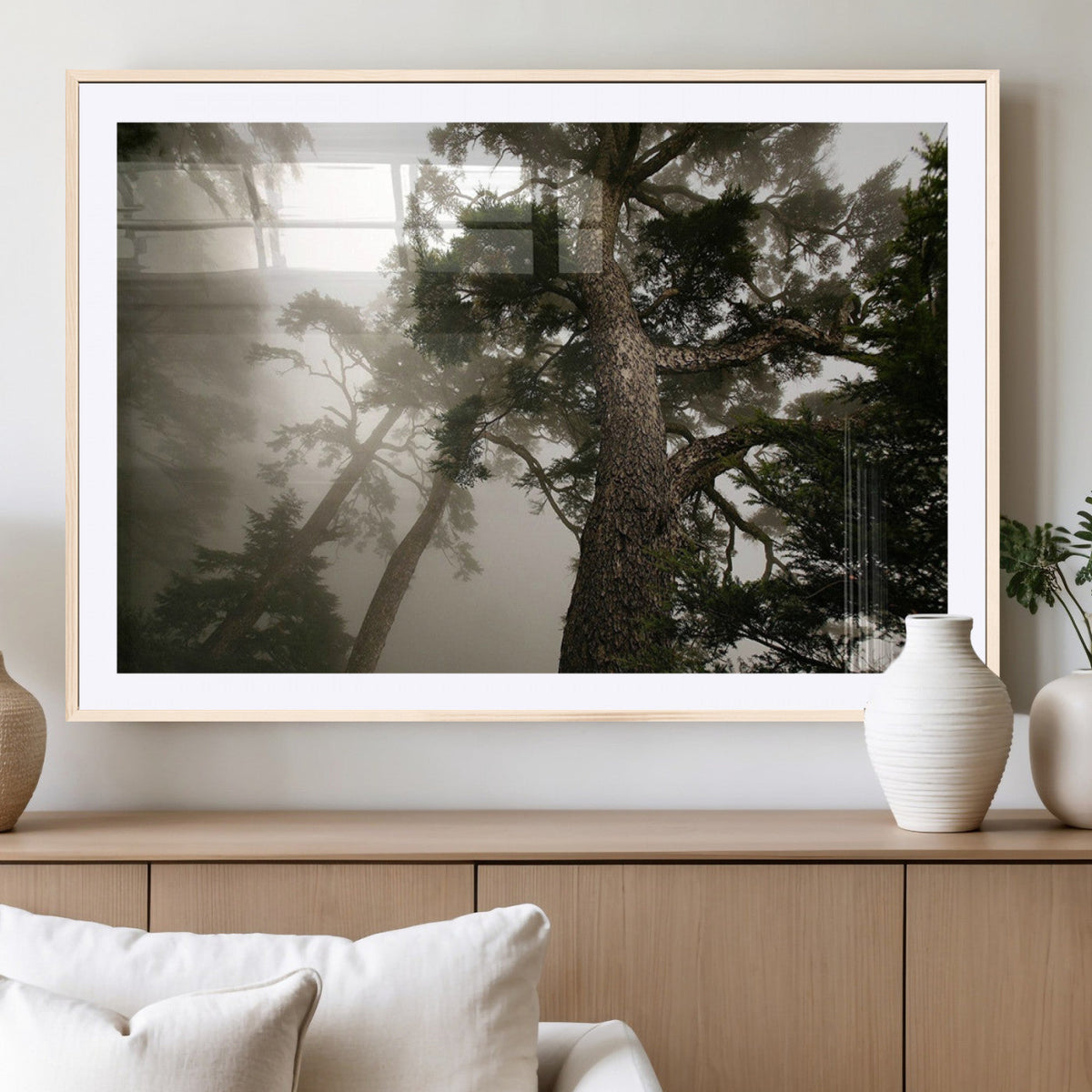 Misty Forest Wall Art Canvas Print, Framed Tall Trees in Foggy Atmosphere