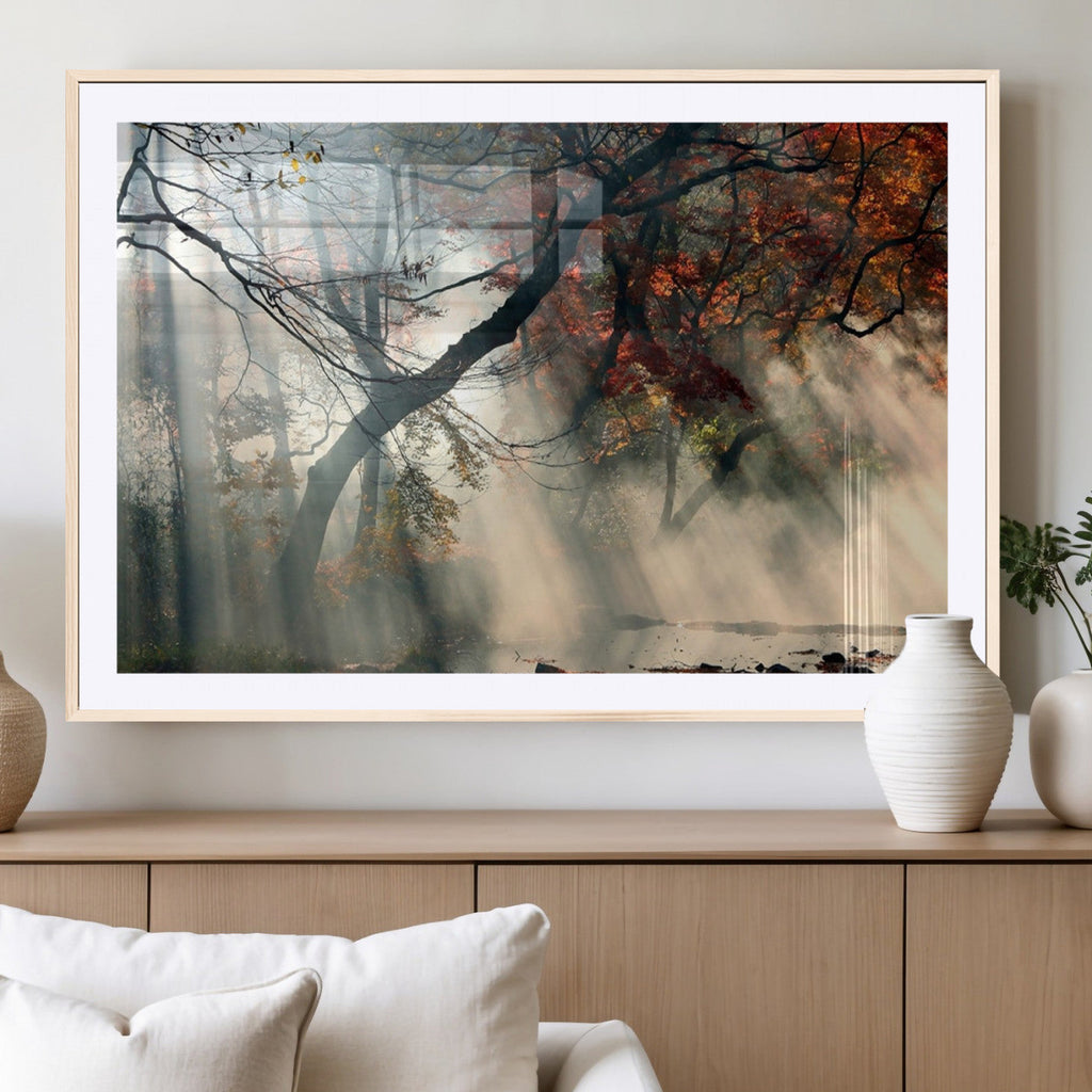 Sunlit Autumn Forest Wall Art, Misty Trees with Sun Rays, Peaceful Fall Landscape Canvas Print