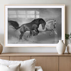 Wild Horses Wall Art Canvas Print, Framed Black and White Galloping Horses