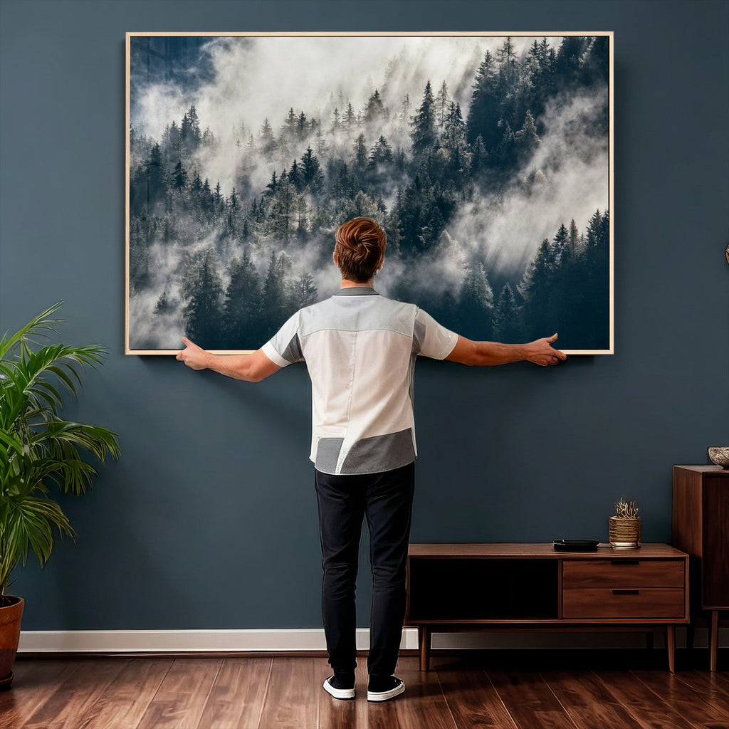 Foggy Mountain Forest Canvas Print, Misty Pine Trees Nature Wall Art