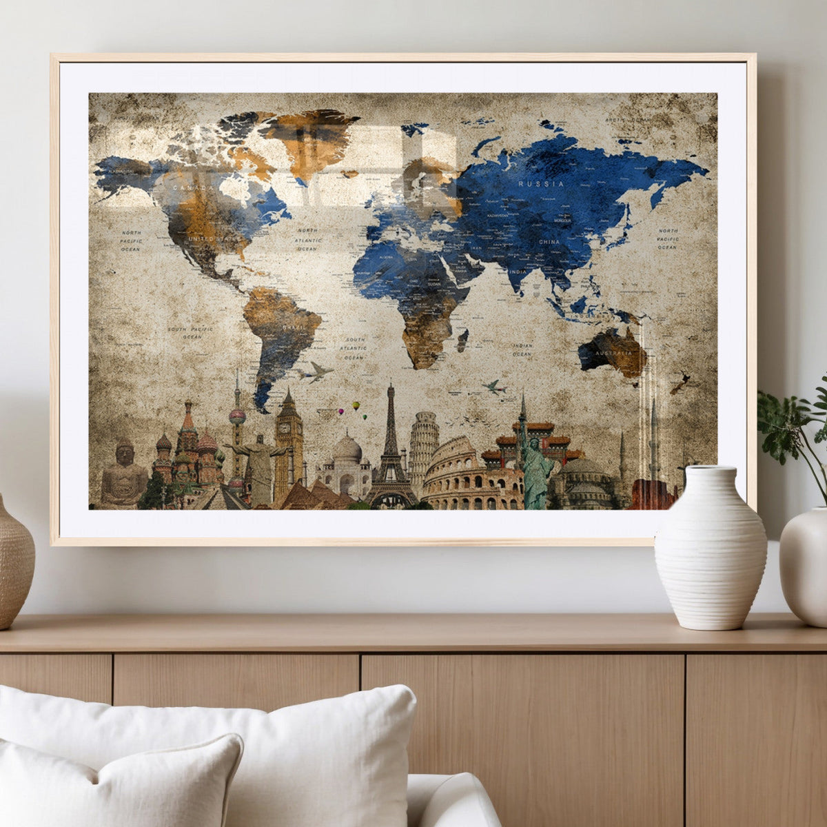 World Map Canvas Print | Vintage Blue and Gold World Map Wall Art