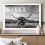 Longhorn Black and White Wall Art | Rustic Western Bull Canvas Print