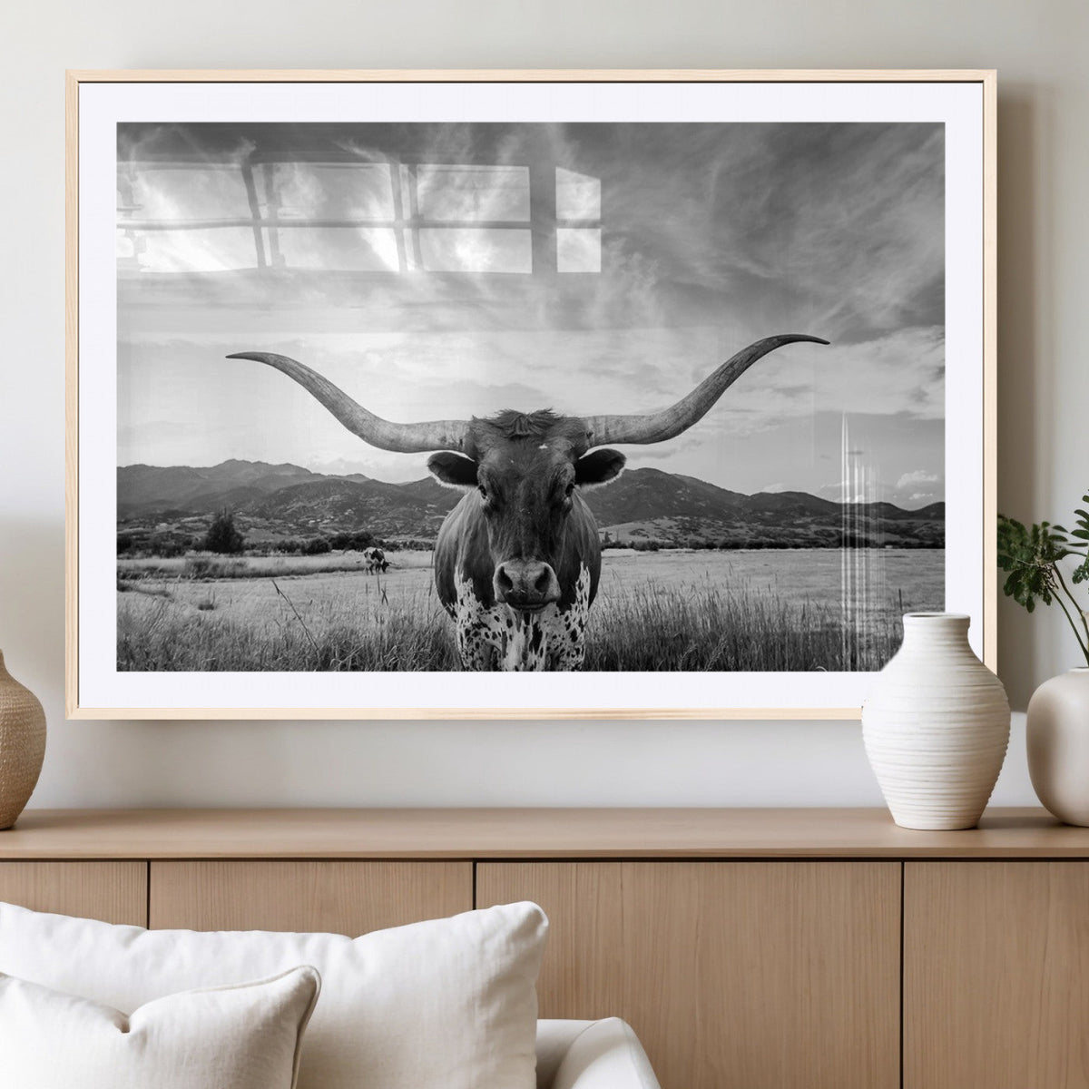 Longhorn Black and White Wall Art | Rustic Western Bull Canvas Print