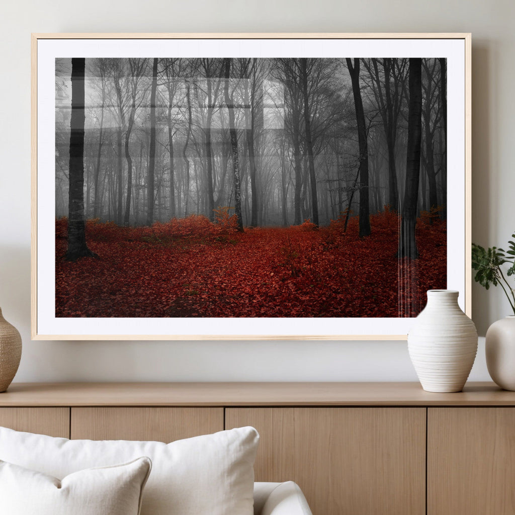 Red Forest Floor Canvas Wall Art | Mystical Foggy Woodland Triptych