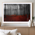 Red Forest Floor Canvas Wall Art | Mystical Foggy Woodland Triptych