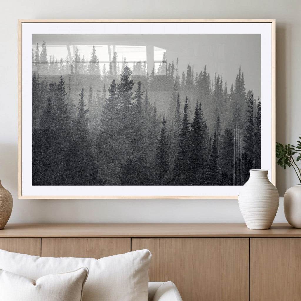 Misty Forest Canvas Wall Art | Monochrome Triptych Pine Tree Print