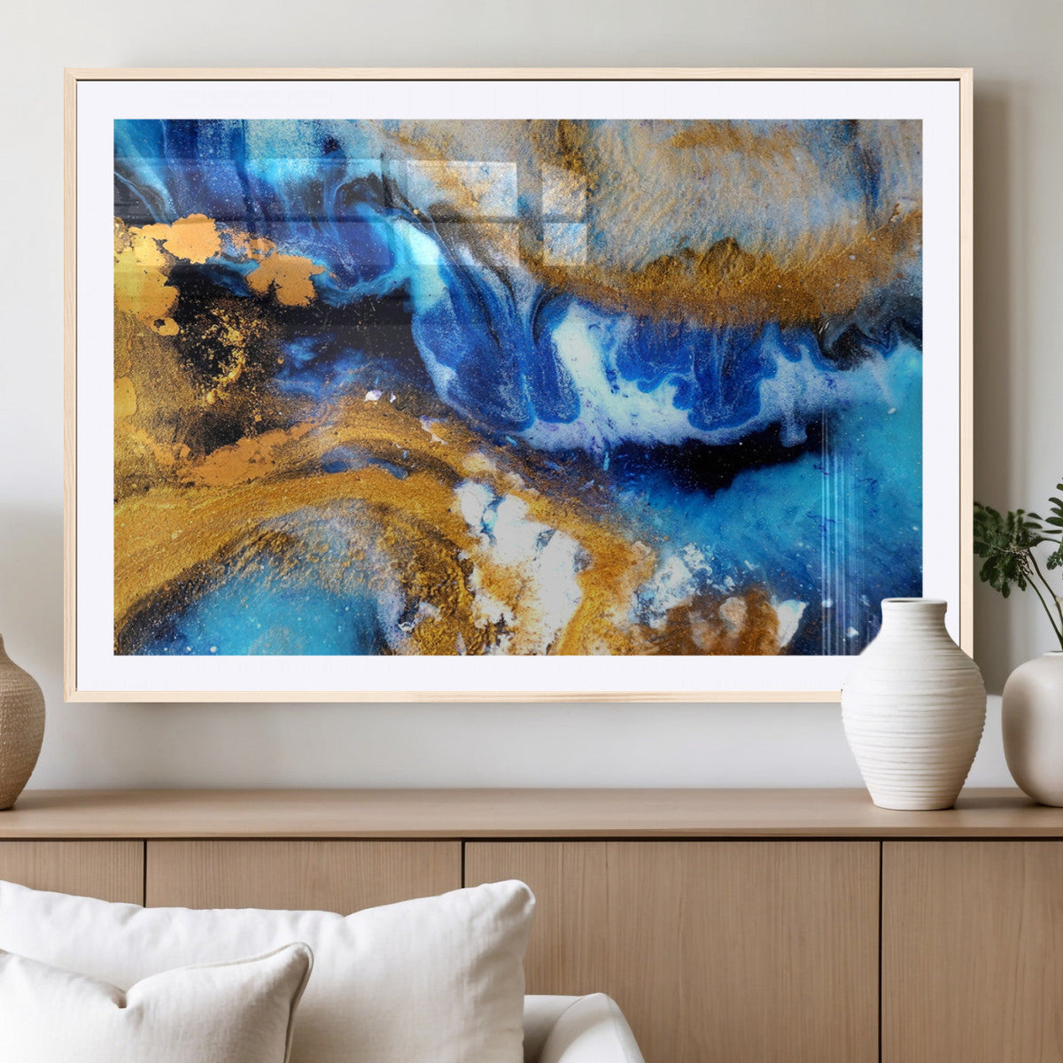 Blue Orange Marble Fluid Effect Canvas Wall Art Print