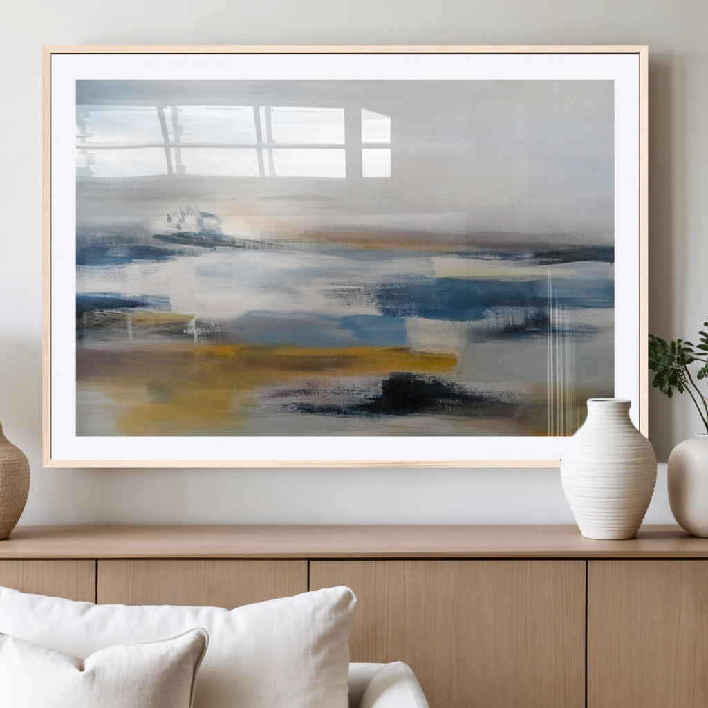 Abstract Landscape Wall Art Canvas | 3 Panel Modern Blue, Gold and White Canvas Art