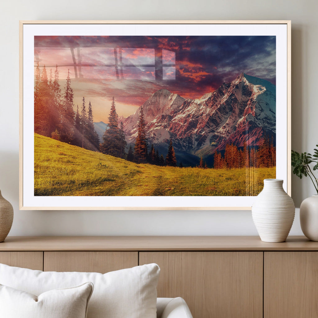 Mountain and Daylight Red Sunset Wall Art Canvas Print