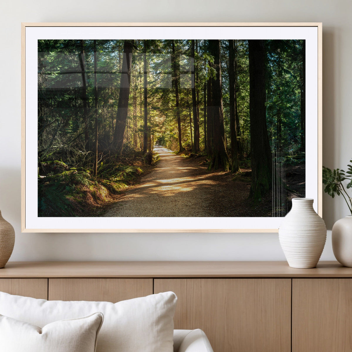 Sunlit Forest Pathway Canvas Print | 3 Panel Large Nature Wall Art