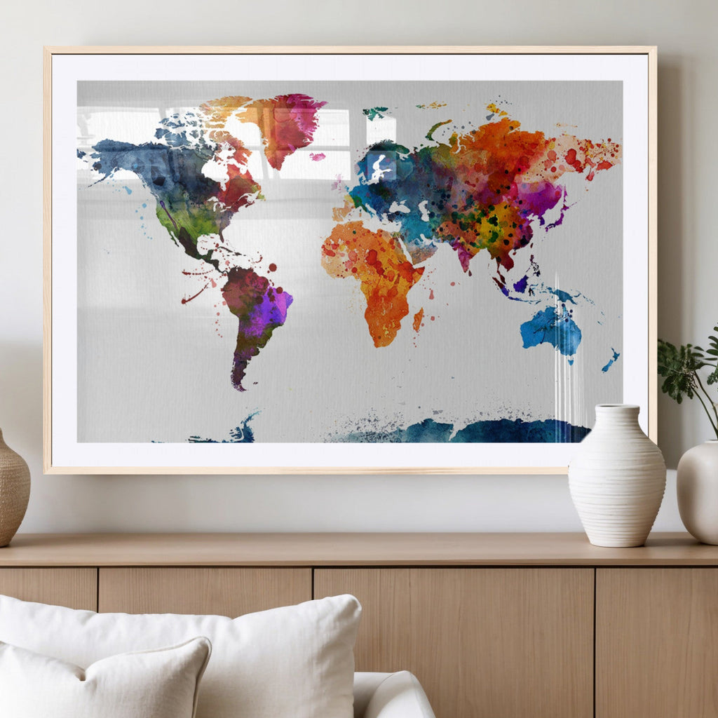 Bold Colorful World Map Canvas Print | Detailed Map of the World Wall Art