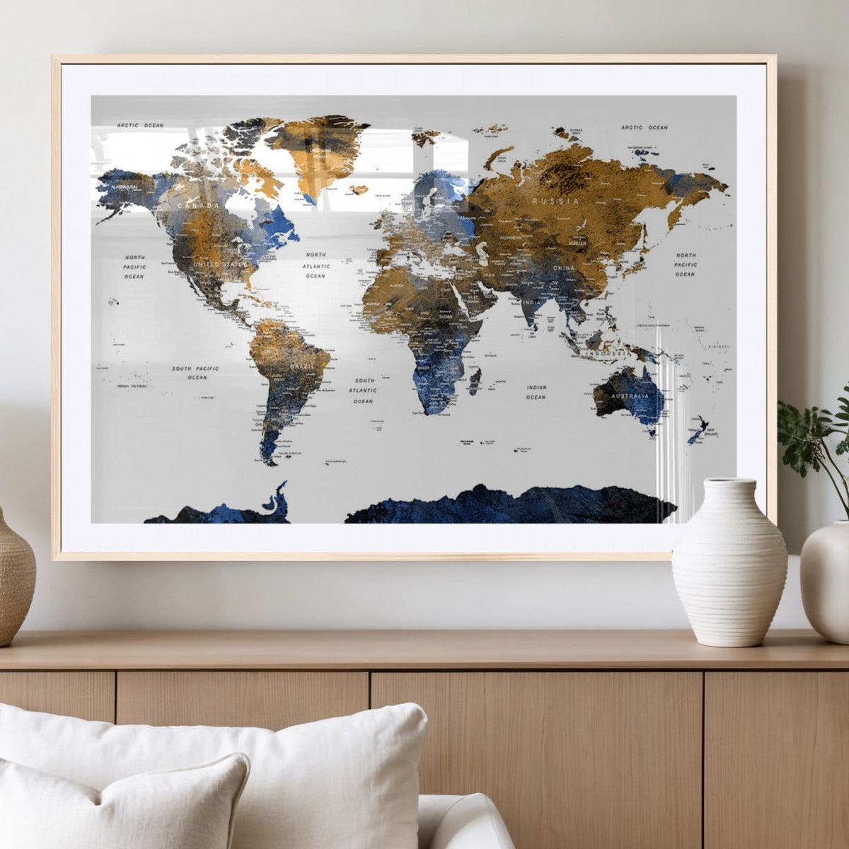 Modern Abstract World Map Canvas Wall Art | Framed Blue and Gold Map Print