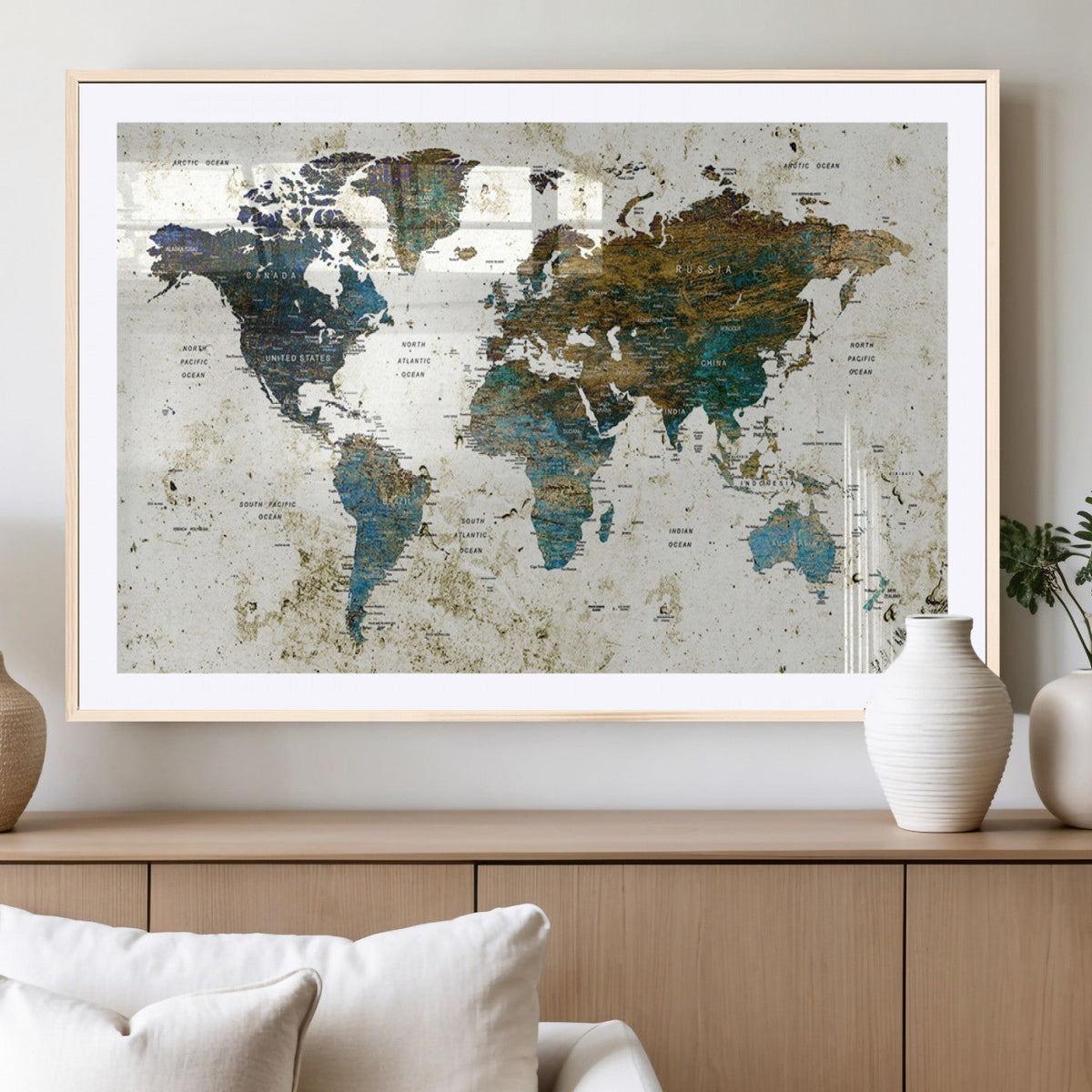 Vintage World Map Wall Art Canvas Print, Framed Rustic Earth Tone Map