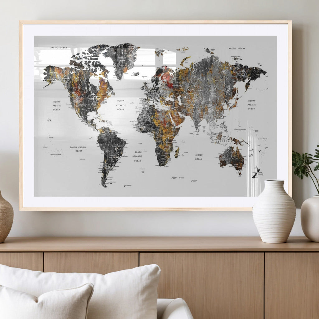 Modern Metallic World Map Canvas Wall Art | Framed Contemporary World Map Print