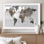 Modern Metallic World Map Canvas Wall Art | Framed Contemporary World Map Print