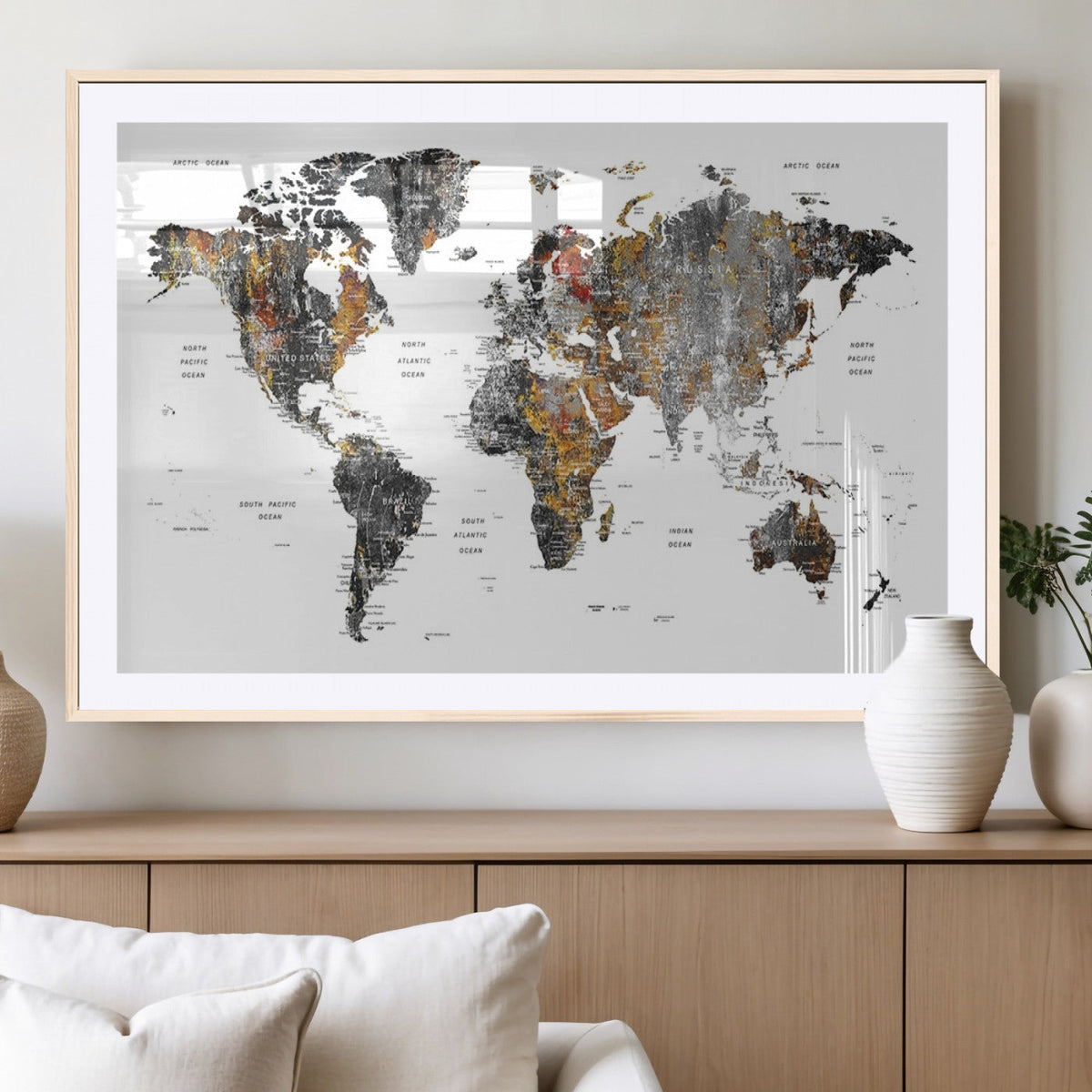 Modern Metallic World Map Canvas Wall Art | Framed Contemporary World Map Print