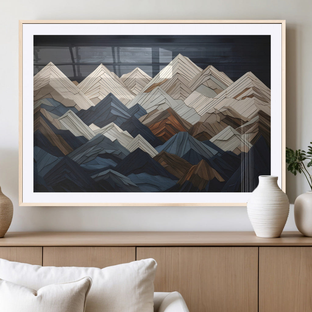Rustic Mountain Landscape Wall Art Canvas Print, Framed 3D Wooden Effect Mountain Art