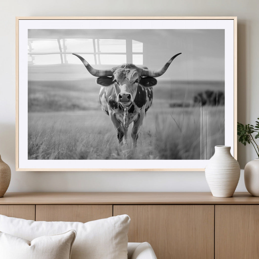 Texas Cow Longhorn Wall Art Canvas Print for Farm House Wall Art, Framed and Ready to Hang