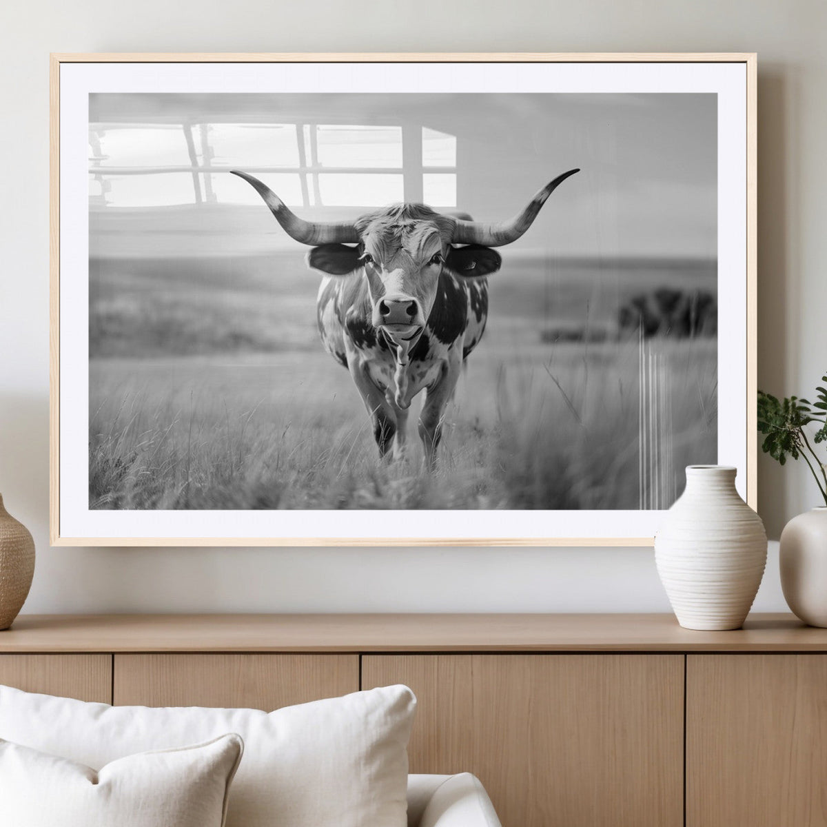 Texas Cow Longhorn Wall Art Canvas Print for Farm House Wall Art, Framed and Ready to Hang