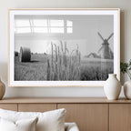 Vintage Farmhouse Black and White Triptych Wall Art, Giclee Canvas with Wheat Fields, Hay Bales and Windmill